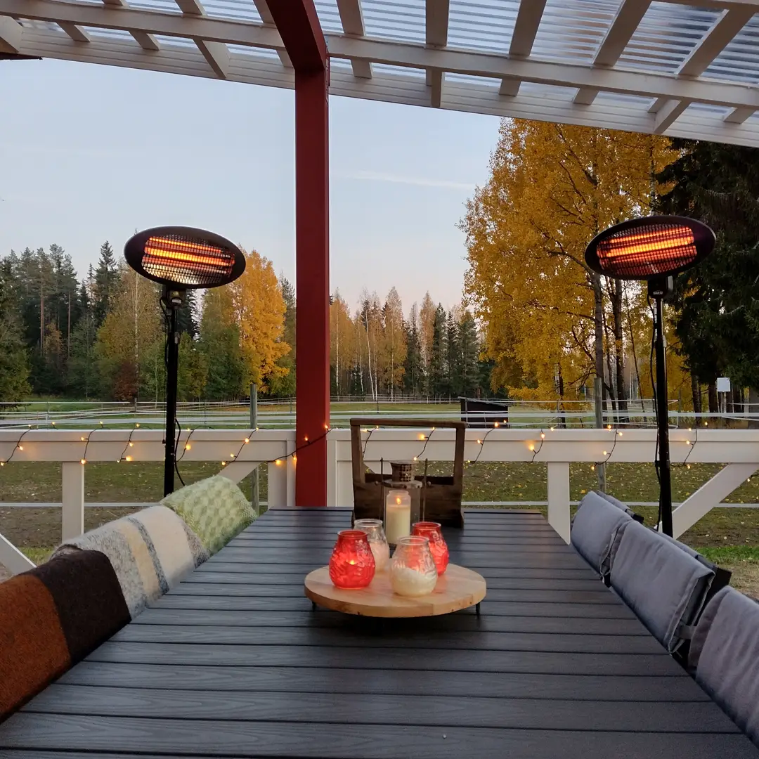 Lyhtyjä terassin pöydällä ja lämmittimet tuomassa lisälämpöä