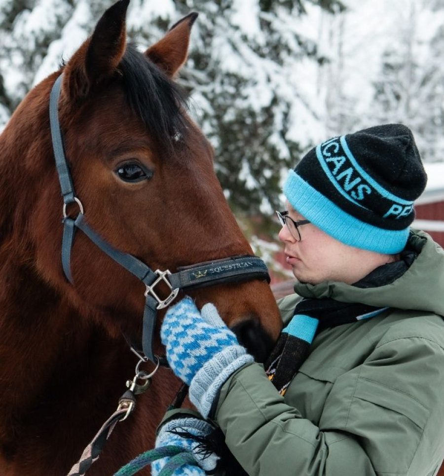 Kehitysvammainen poika silittelee hevosen turpaa
